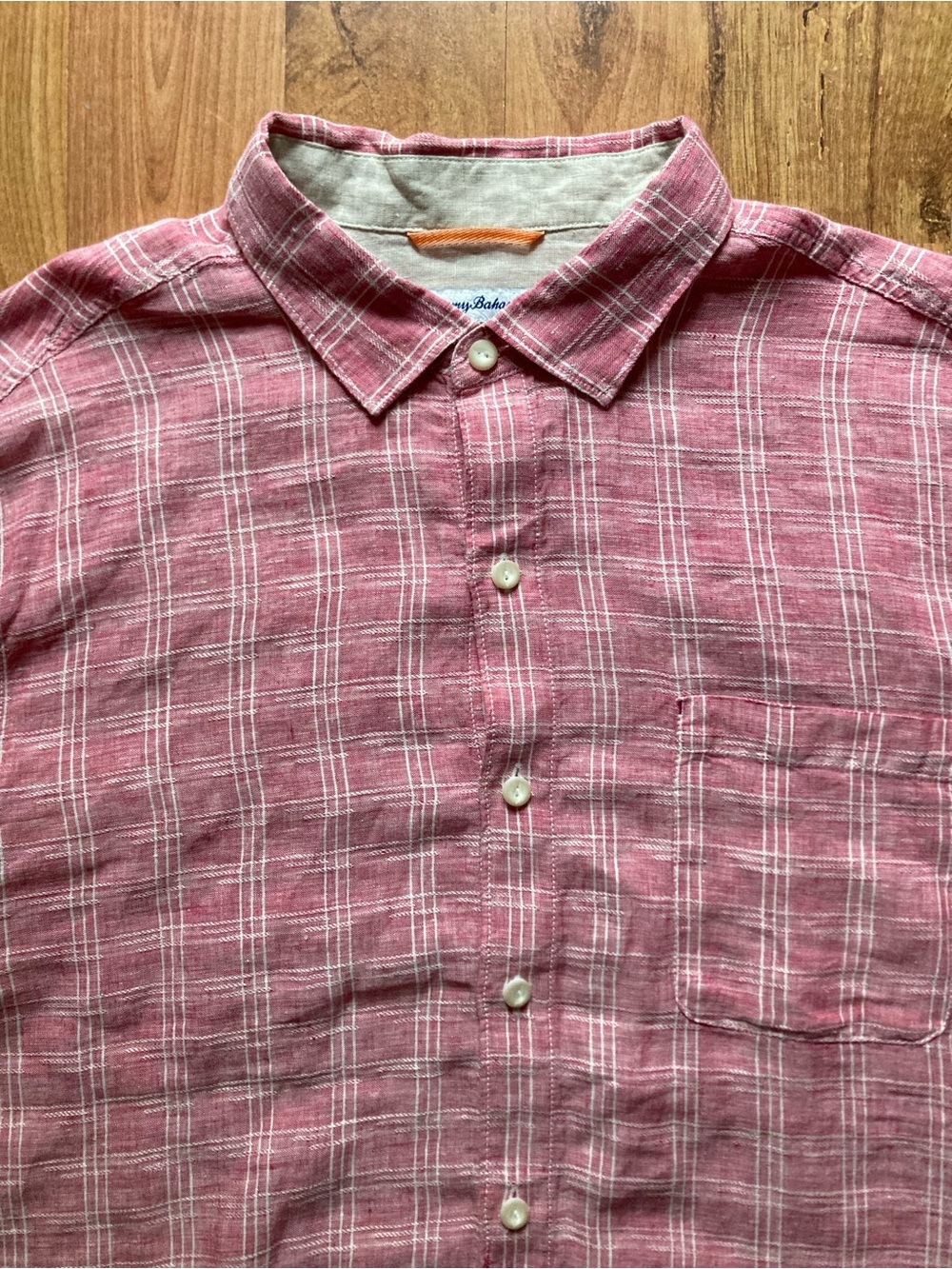 Tommy Bahama Ventana Red Coral Plaid Linen Long Sleeve Mens XL Button Up Shirt